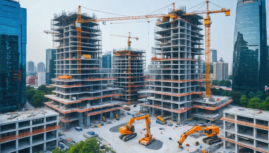 A futuristic city under construction with cutting-edge methods, including prefabricated modules, robotic arms, and 3D printing, highlighting construction efficiency and innovation.