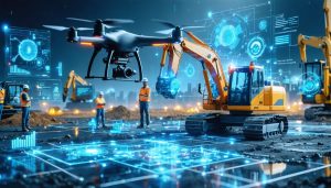 High-tech depiction of a construction site with drones, digital dashboards, IoT sensors, and workers using smart wearables to enhance monitoring efficiency.