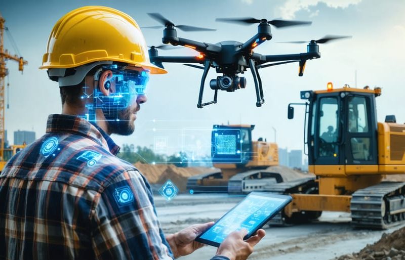 Conceptual depiction of a construction site with futuristic safety technologies, including smart hard hats, drones, robotics, and IoT sensors, illustrating the integration of innovation in construction safety.