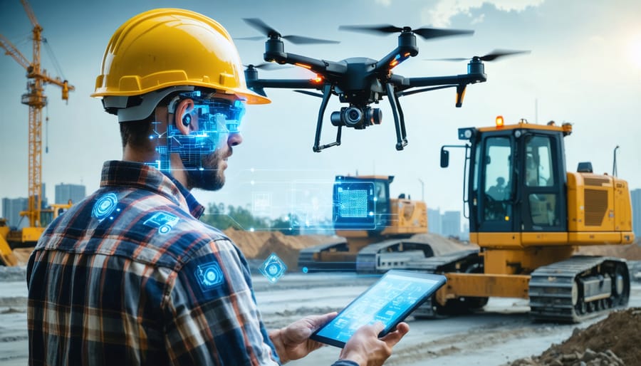 Conceptual depiction of a construction site with futuristic safety technologies, including smart hard hats, drones, robotics, and IoT sensors, illustrating the integration of innovation in construction safety.