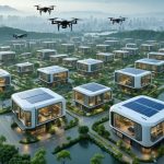 A futuristic cityscape illustrating modular buildings transported by drones, highlighting the integration of advanced building systems and smart technology.