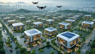 A futuristic cityscape illustrating modular buildings transported by drones, highlighting the integration of advanced building systems and smart technology.