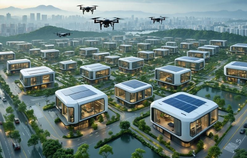 A futuristic cityscape illustrating modular buildings transported by drones, highlighting the integration of advanced building systems and smart technology.