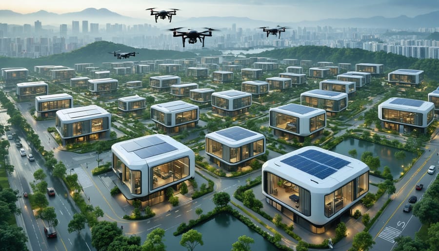 A futuristic cityscape illustrating modular buildings transported by drones, highlighting the integration of advanced building systems and smart technology.