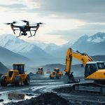 Futuristic remote construction site featuring advanced heavy machinery and drones in a rugged, isolated landscape, highlighting the role of technology.