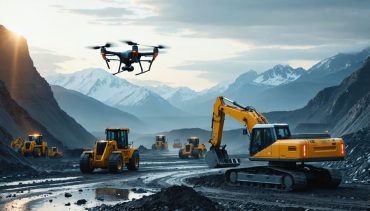 Futuristic remote construction site featuring advanced heavy machinery and drones in a rugged, isolated landscape, highlighting the role of technology.