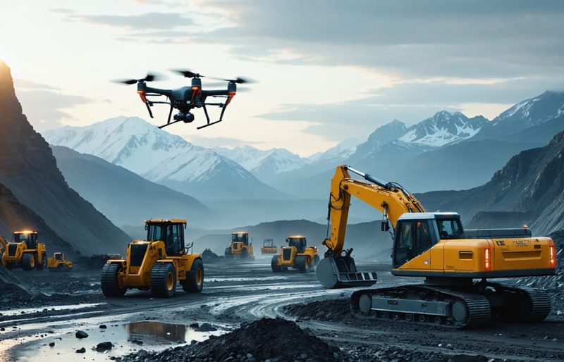 Futuristic remote construction site featuring advanced heavy machinery and drones in a rugged, isolated landscape, highlighting the role of technology.