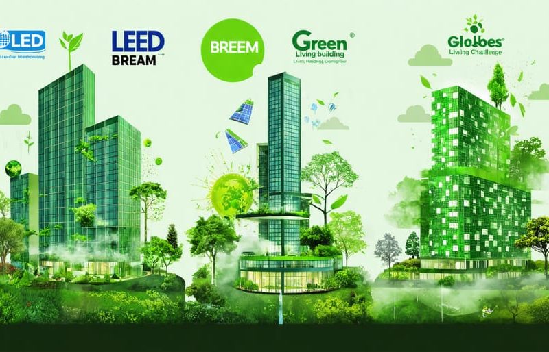 Illustrated collage showcasing key elements of sustainable architecture such as solar panels and green landscapes, alongside logos of LEED, BREEAM, Green Globes, and Living Building Challenge.