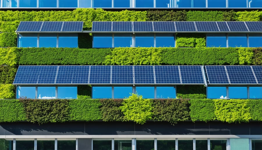 Sustainable building design with green walls and solar energy integration