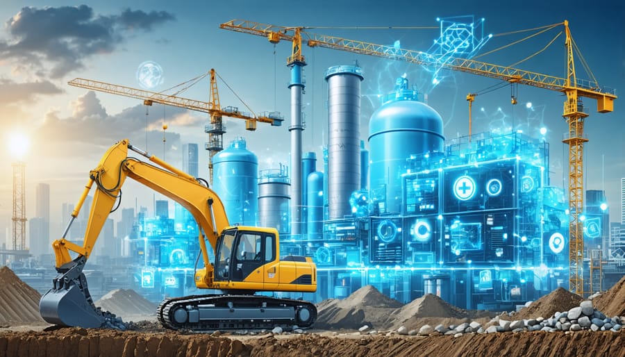 "Illustration of a construction site with hydrogen fuel cells powering cranes and heavy machinery, symbolizing the shift to sustainable energy in construction."