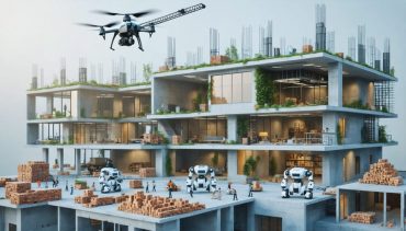 Modern construction site showcasing robotics, 3D printing, and drones, highlighting the integration of technological advancements in construction.