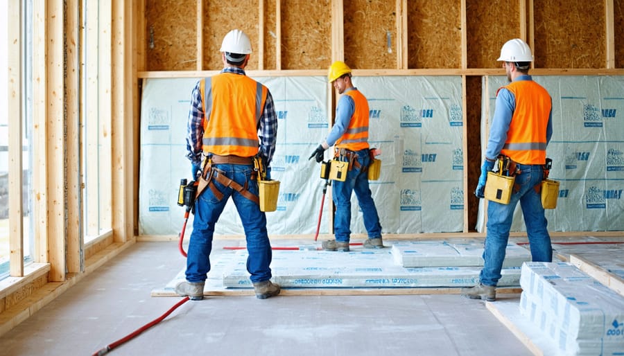 Construction workers installing energy-efficient insulation