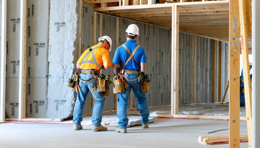 Construction professionals retrofitting a building with advanced insulation materials