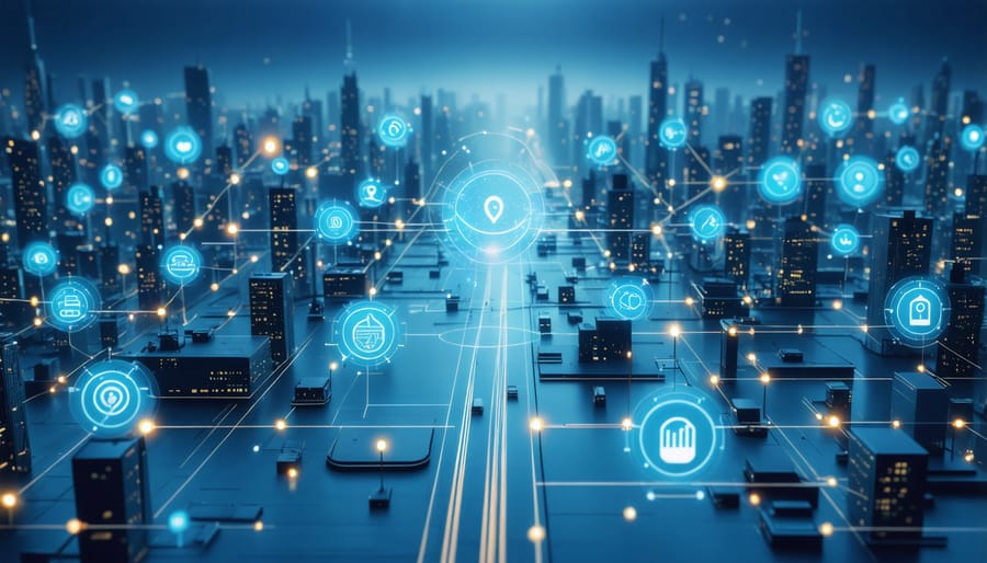 Illustration of a city with interconnected IoT devices and sensors