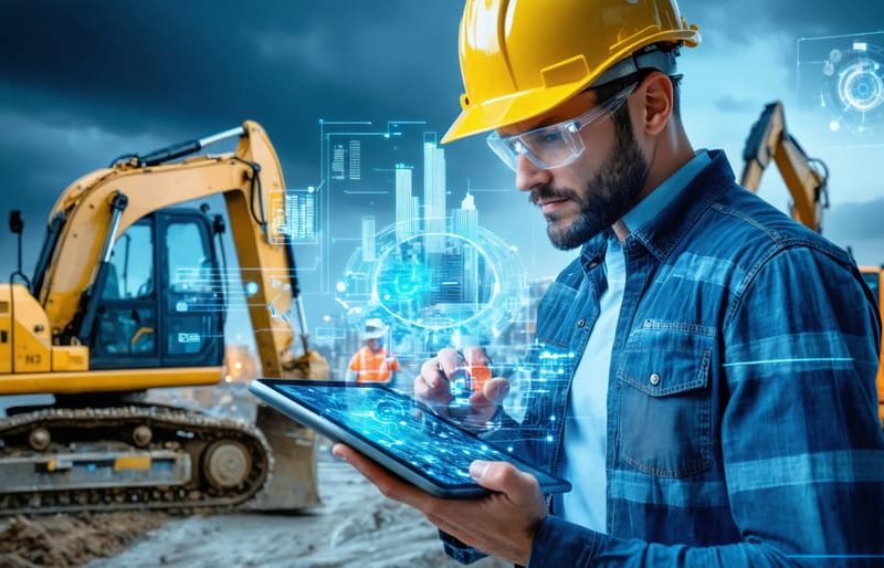 A futuristic construction site where a manager uses a digital tablet surrounded by holographic blueprints and data interfaces, representing advanced construction resource management.