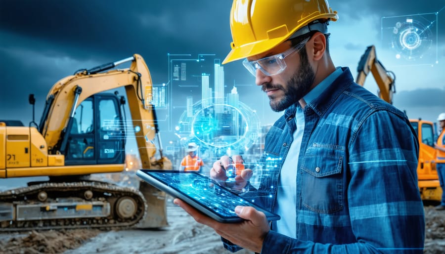 A futuristic construction site where a manager uses a digital tablet surrounded by holographic blueprints and data interfaces, representing advanced construction resource management.