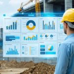 A conceptual image of a project manager overseeing a digital dashboard with cost management metrics, representing key aspects of project cost management in construction.