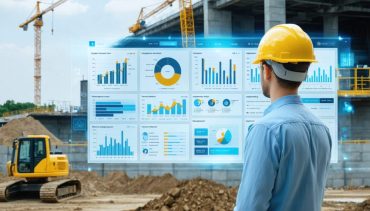 A conceptual image of a project manager overseeing a digital dashboard with cost management metrics, representing key aspects of project cost management in construction.