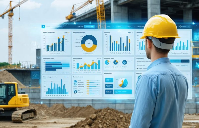 A conceptual image of a project manager overseeing a digital dashboard with cost management metrics, representing key aspects of project cost management in construction.