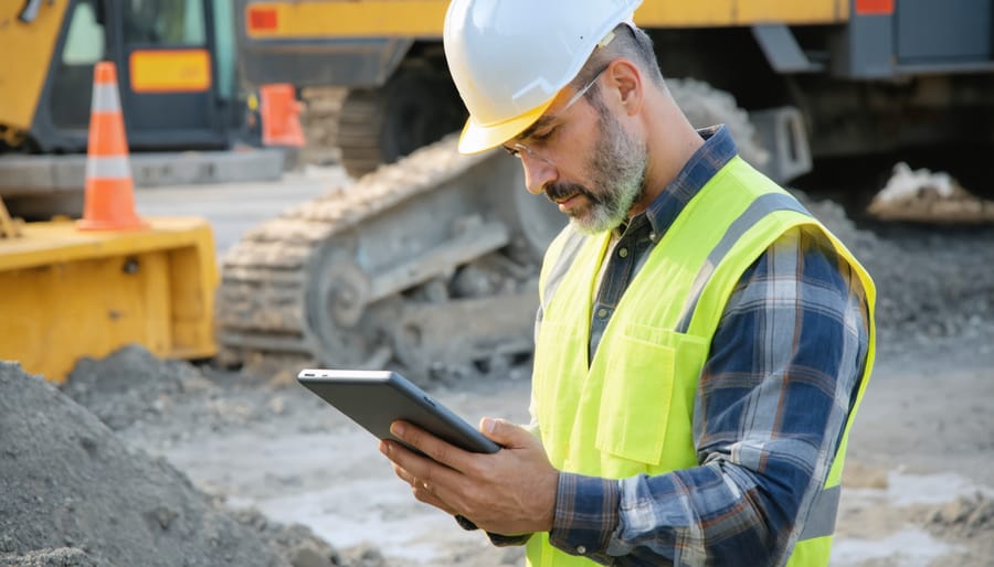 Construction professional utilizing a tablet to view and update project data on the job site