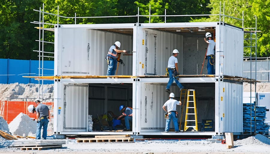 Modular construction process showing workers assembling prefabricated building components