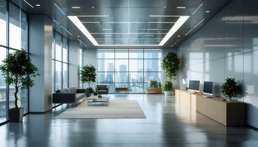 Bright, energy-saving LED lights illuminating a contemporary office space