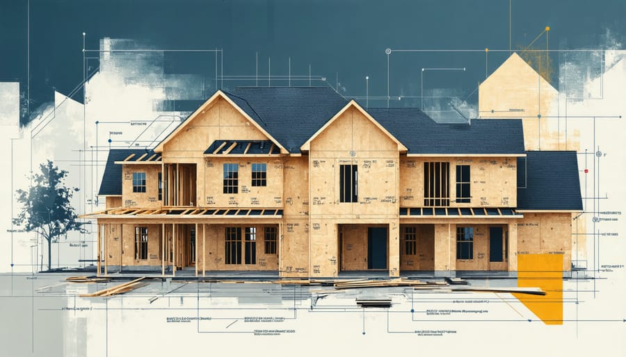 Diagram illustrating the assembly of a panelized home using prefabricated wall and roof panels