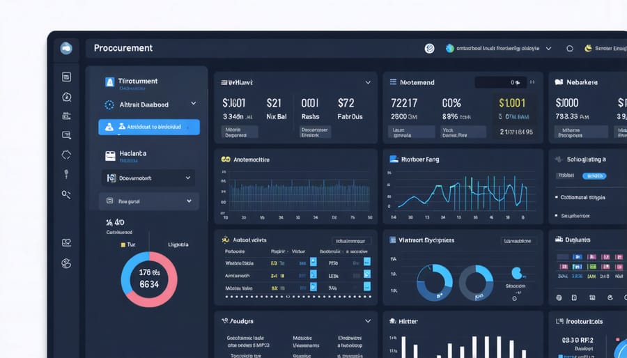 Construction procurement dashboard displaying graphs, charts, and predictive analytics for material management