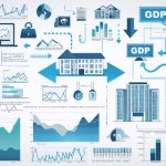 A conceptual illustration depicting various economic indicators and their influence on real estate market strategies, including GDP growth, employment rates, and housing market trends.