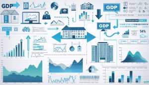 A conceptual illustration depicting various economic indicators and their influence on real estate market strategies, including GDP growth, employment rates, and housing market trends.