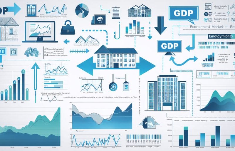 A conceptual illustration depicting various economic indicators and their influence on real estate market strategies, including GDP growth, employment rates, and housing market trends.