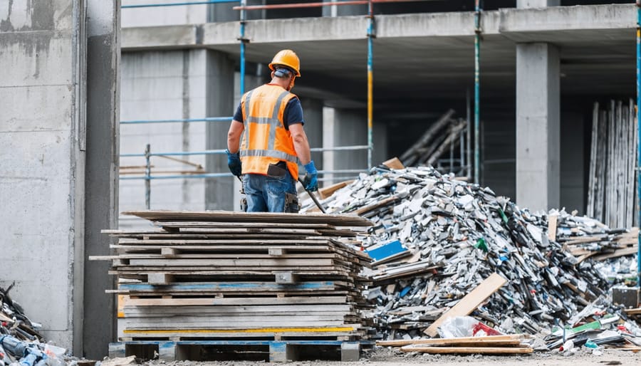 Construction worker using recycled building materials on a job site.