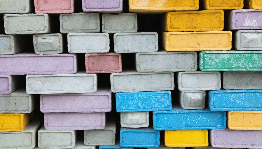 Recycled plastic bricks in various colors stacked on top of each other