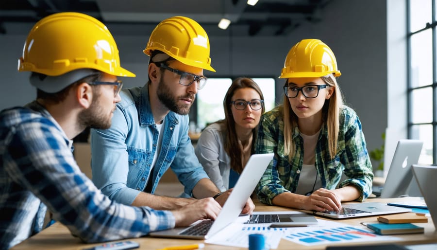 Construction team collaborating and communicating via video conference or virtual meeting platform