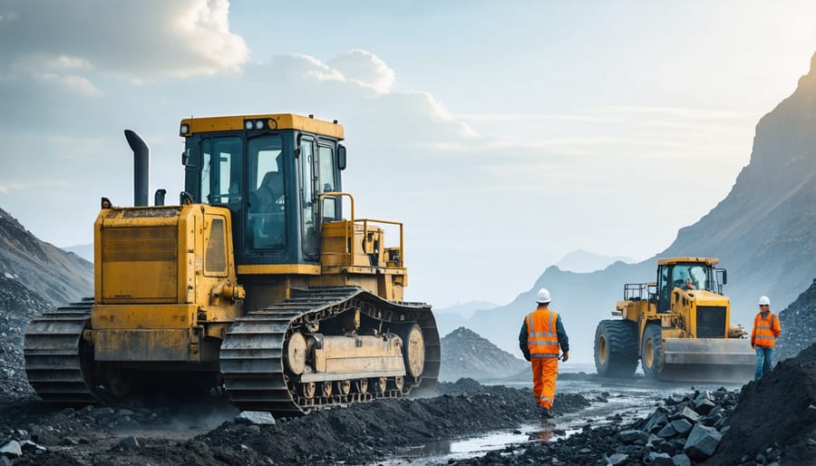 Heavy machinery and workers at a remote construction site in a rugged, isolated landscape