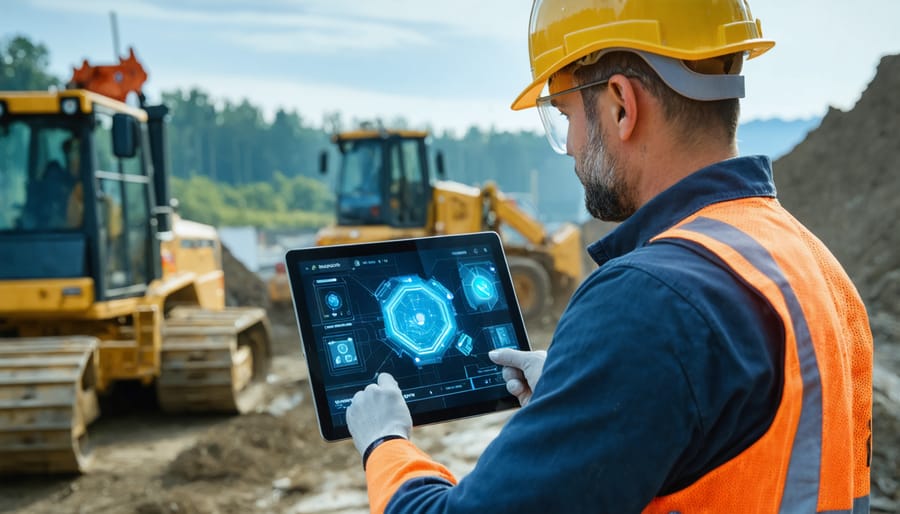 Construction worker using advanced technology to monitor and manage a remote project