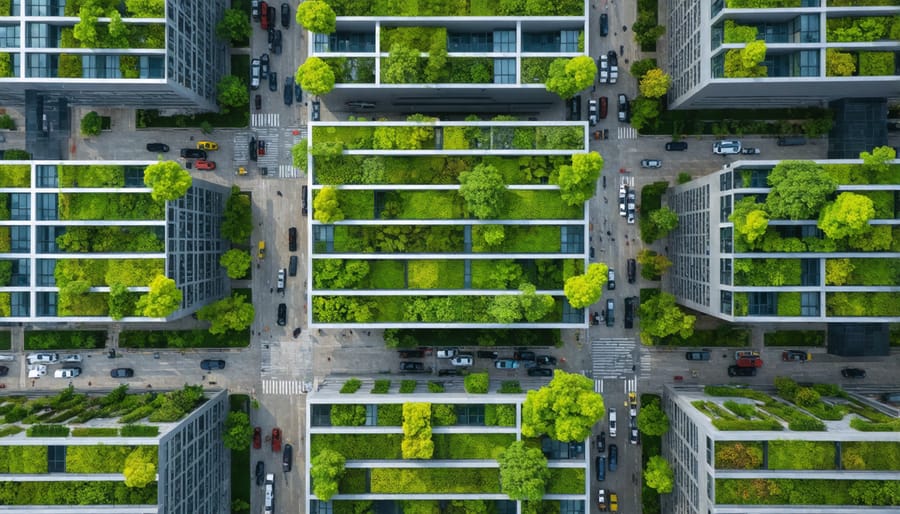 Resilient city skyline featuring green roofs, vertical gardens, and sustainable design elements.