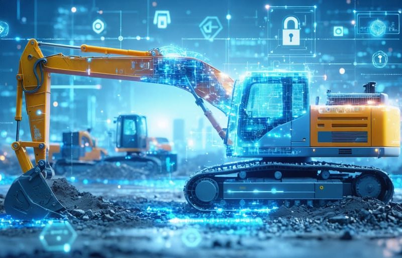 Conceptual illustration showing a construction site integrated with digital elements and cybersecurity symbols, representing the defense against cyber threats in the construction industry.