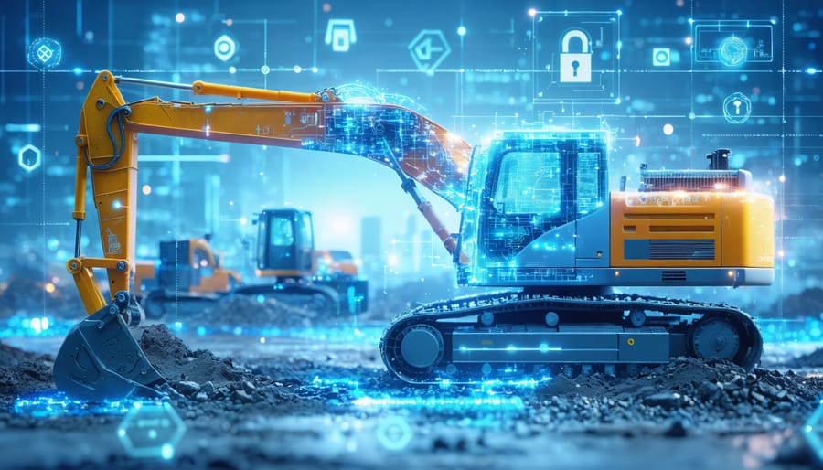 Conceptual illustration showing a construction site integrated with digital elements and cybersecurity symbols, representing the defense against cyber threats in the construction industry.