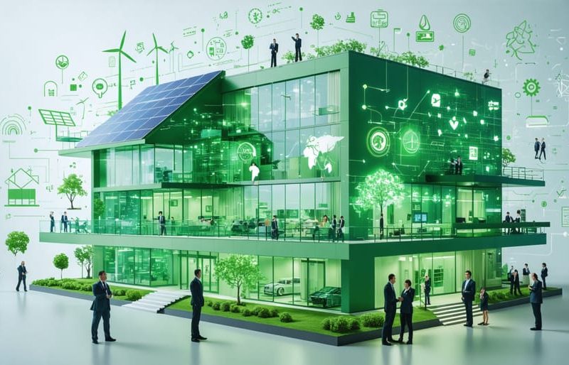 Digital illustration showcasing a modern commercial building being audited for energy efficiency, featuring solar panels, wind turbines, and smart building technologies like sensors and smart meters.