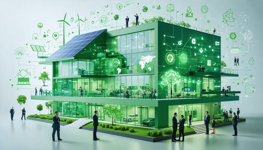 Digital illustration showcasing a modern commercial building being audited for energy efficiency, featuring solar panels, wind turbines, and smart building technologies like sensors and smart meters.