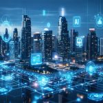 Futuristic city skyline with buildings showcasing smart technologies like AI, IoT, smart lighting, and security, symbolizing innovation and sustainability.