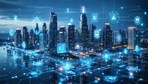 Futuristic city skyline with buildings showcasing smart technologies like AI, IoT, smart lighting, and security, symbolizing innovation and sustainability.