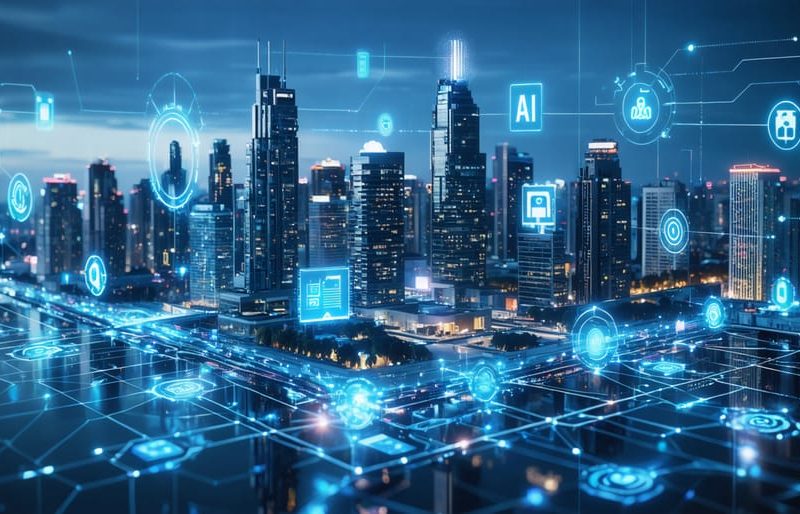 Futuristic city skyline with buildings showcasing smart technologies like AI, IoT, smart lighting, and security, symbolizing innovation and sustainability.