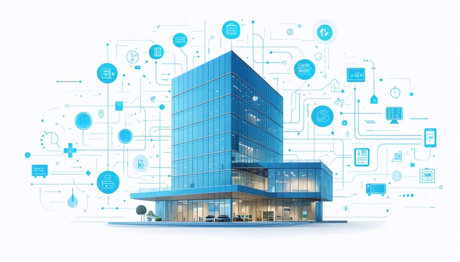 Conceptual illustration of a smart building with integrated technology icons