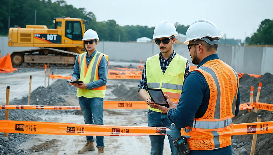 Smart construction site with workers using wearable technology and IoT devices for safety and monitoring