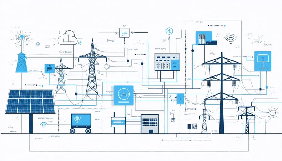 Conceptual diagram of a smart grid integrating renewable energy, storage, and smart devices