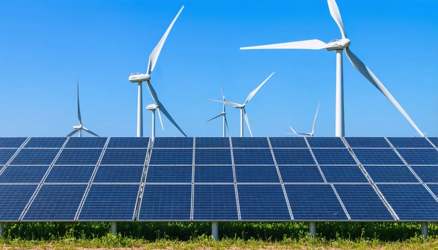 Renewable energy sources, such as solar and wind, connected to the smart grid infrastructure