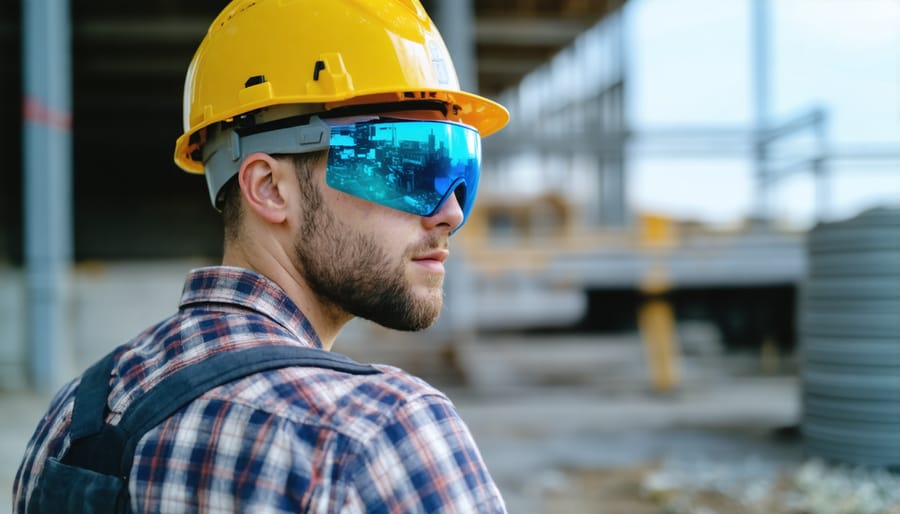 Smart hard hat with advanced safety features worn by a construction worker