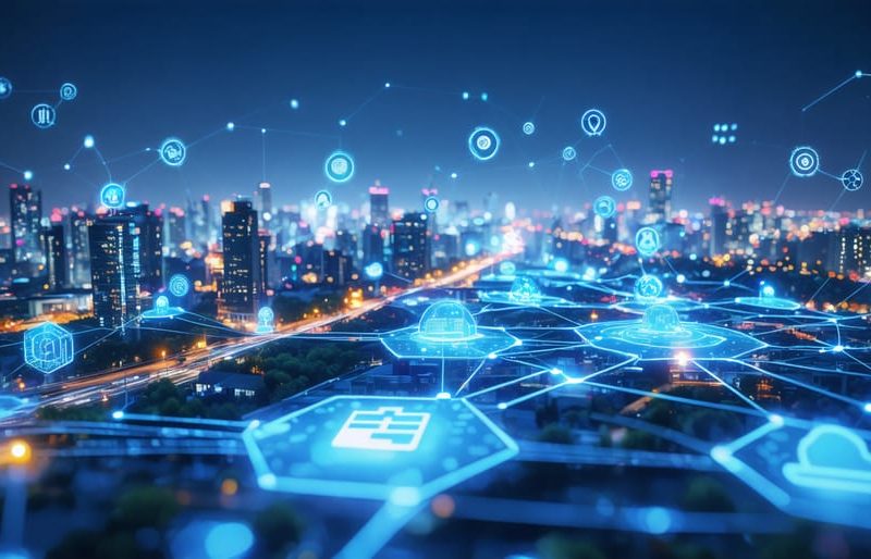 A futuristic cityscape illustrating smart infrastructure with glowing digital lines connecting IoT devices across buildings and transportation systems at dawn.